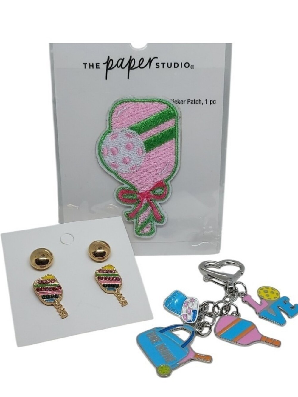 Pickleball Earrings, Charm Keychain, Patch Bundle NWT